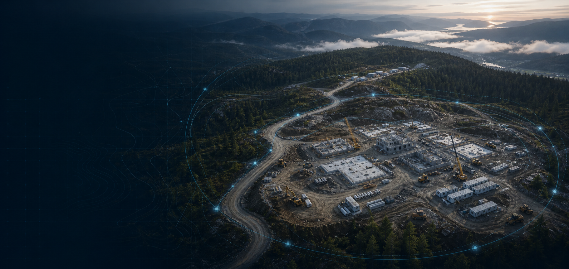 Aerial view of a remote development site with subtle monitoring overlays
